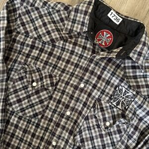 VTG Y2K West Coast Choppers Jesse James Sz M Pearl Snap Work Wear Black Plaid